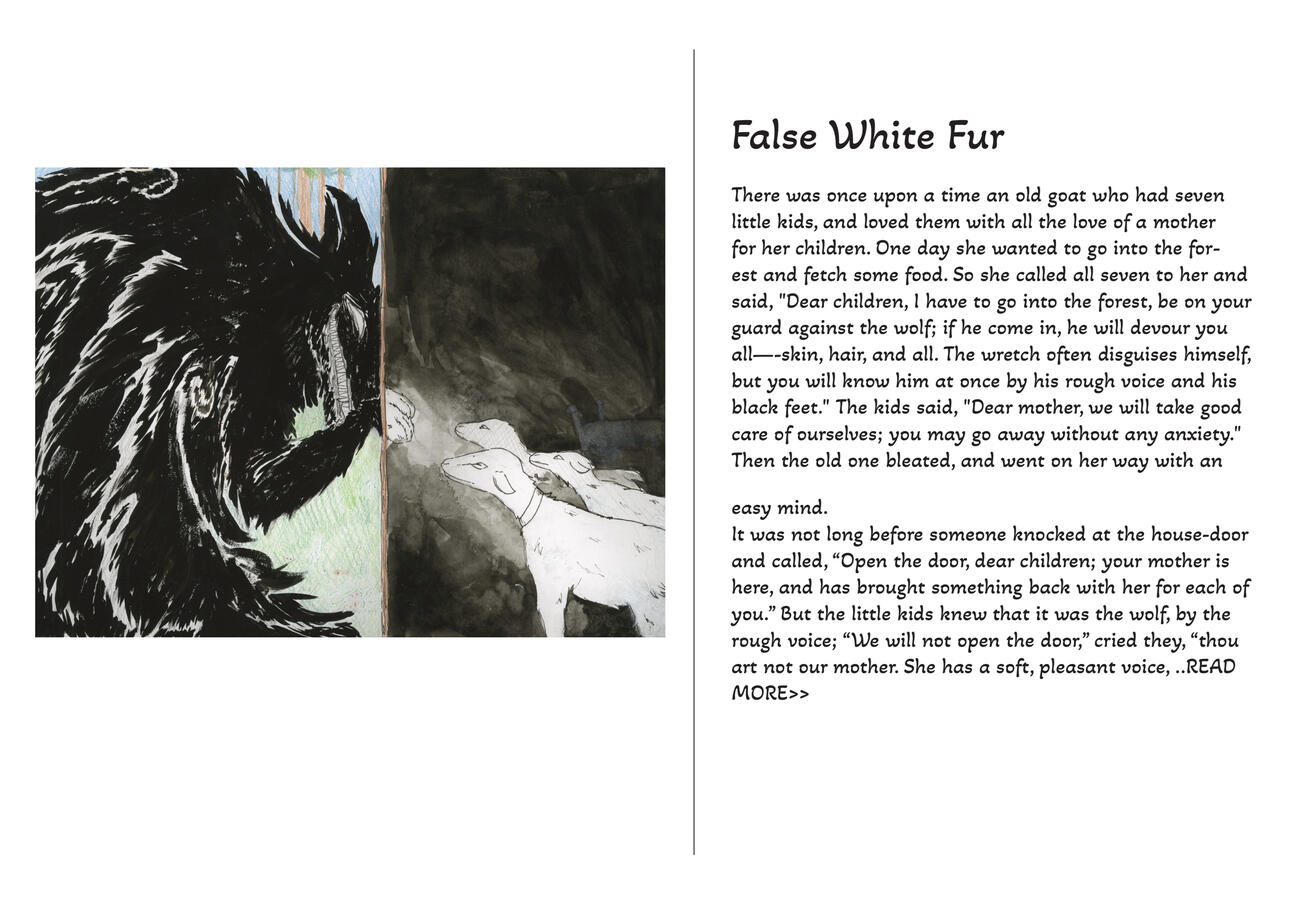 **False White Fur** *2023* An illustrated reimagining of the Grimm fairytale "The Wolf and the Seven Young Goats
